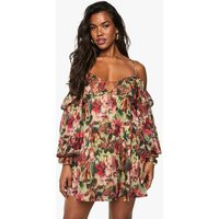 boohoo Women's Floral Printed Chiffon Cold Shoulder Layered Mini Dress in Green | Size: 8 | boohoo (US & Canada)