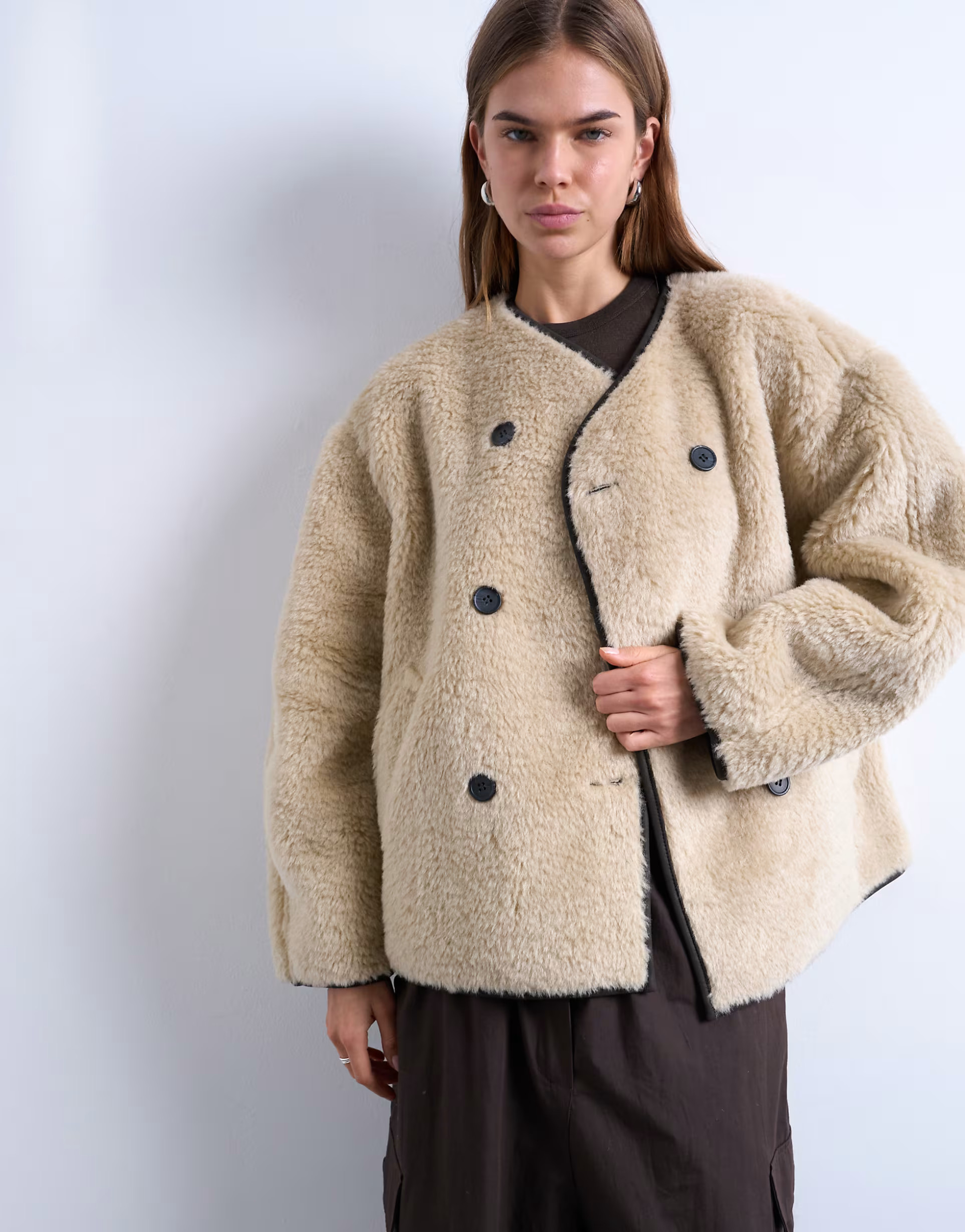 Topshop ovoid short shearling double breasted jacket in cream | ASOS (Global)