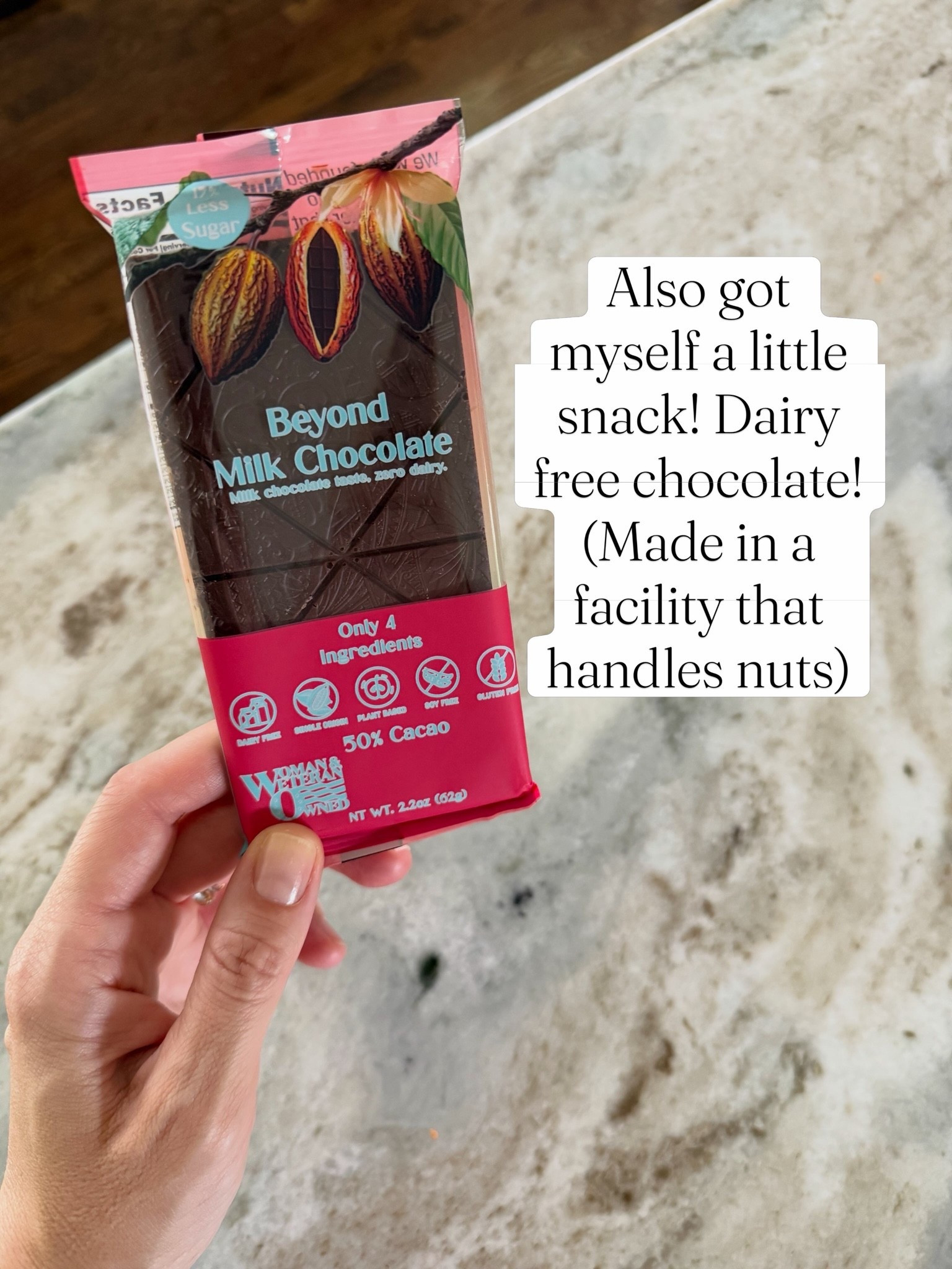 Dairy free chocolate I found at Walmart, tasty for a little chocolate fix! Made in a facility that handles tree nuts.