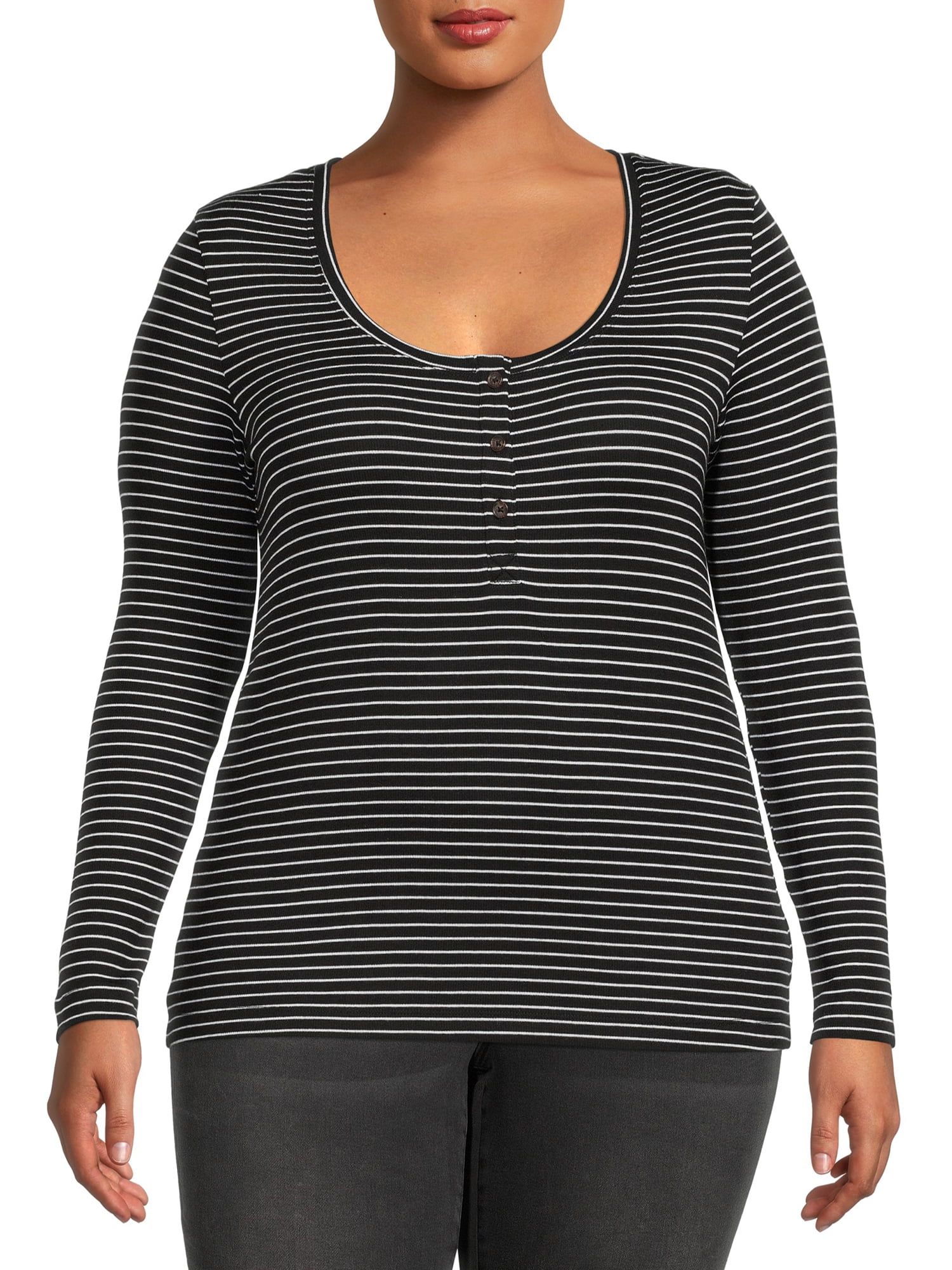 Terra & Sky Women's Plus Size Ribbed Henley with Long Sleeves | Walmart (US)