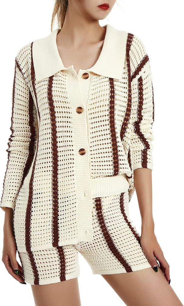 NUFIWI Crochet 2 Pieces Outfits Color Block Hollow Out Knitted Cardigan and Short Pants Set Summe... | Amazon (US)