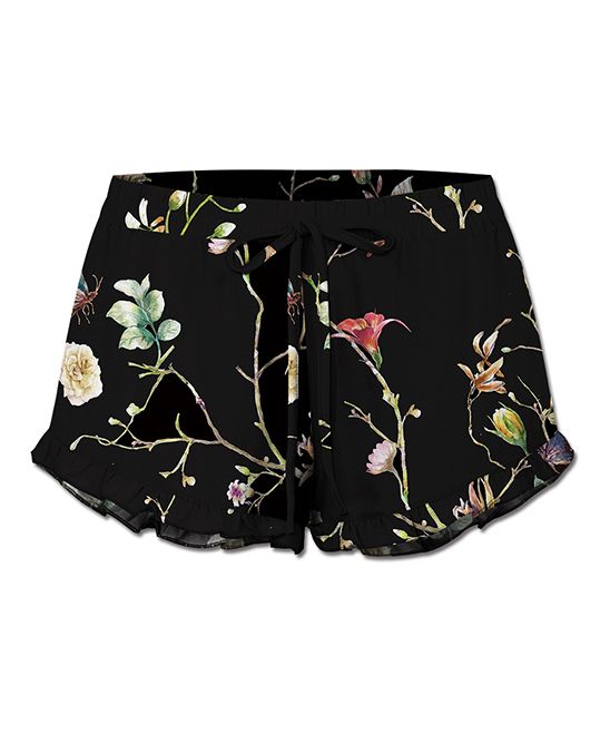 UDEAR Women's Casual Shorts Print - Black Floral Ruffle-Hem Drawstring Shorts - Women | Zulily