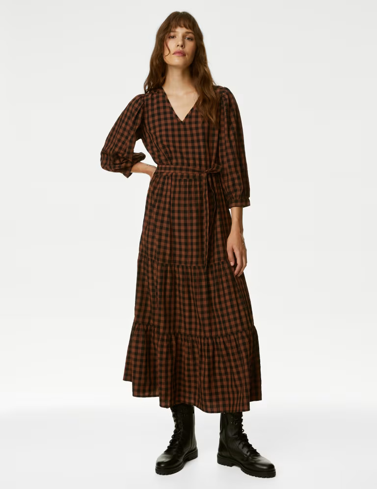 Textured Checked V-Neck Midi Tiered Dress | Marks & Spencer (UK)