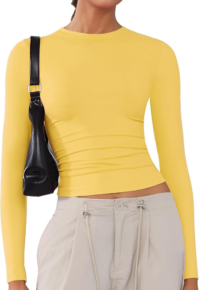 Women's Soft Long Sleeve Shirts Crew Neck Tops Basic Tees Stretchy Going Out Crop Tops Y2K Slim F... | Amazon (US)