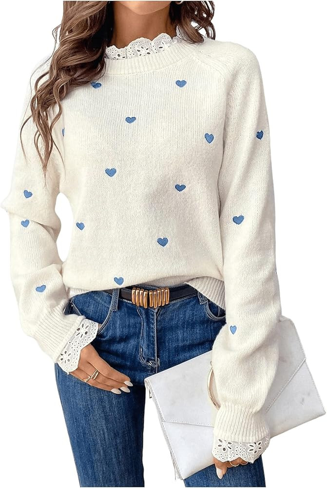 GORGLITTER Women's Heart Lace Valentine Patchwork Pullover Sweater Embellished Long Sleeve Cute K... | Amazon (US)