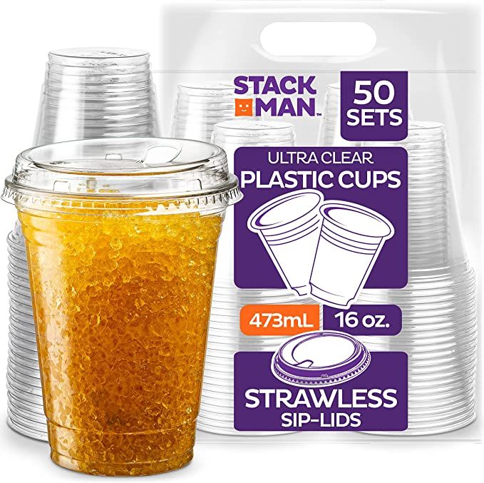 16 oz. Clear Cups with Strawless Sip-Lids, [50 Sets] PET Crystal Clear Disposable 16oz Plastic Cu... | Amazon (US)