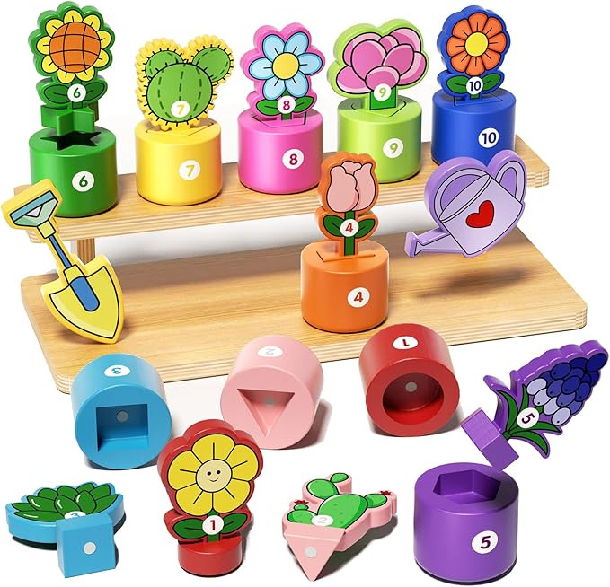 GJZZ Wooden Pretend Play Flower Garden Set with Stand - Montessori Shape and Color Sorting Toys f... | Amazon (US)