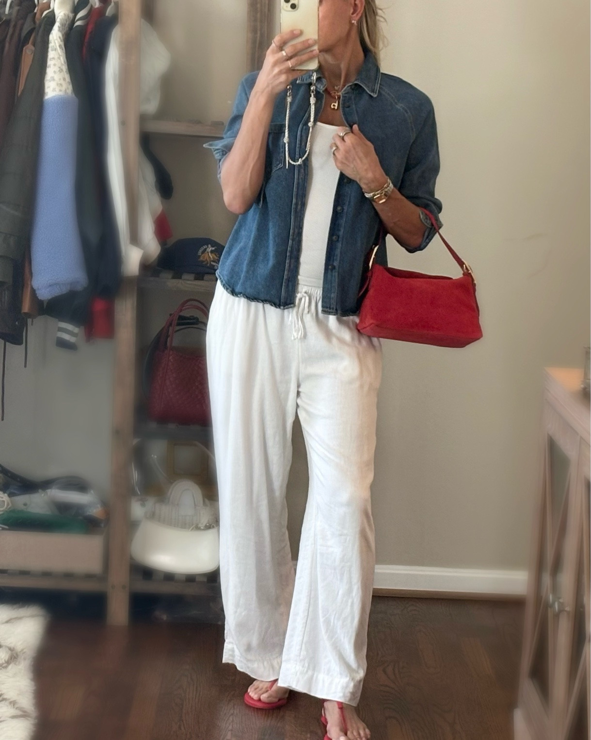 What I wore to the office today. I love denim, white and a pop of red! This gorgeous bag is on sale @jcrew

#LTKootd