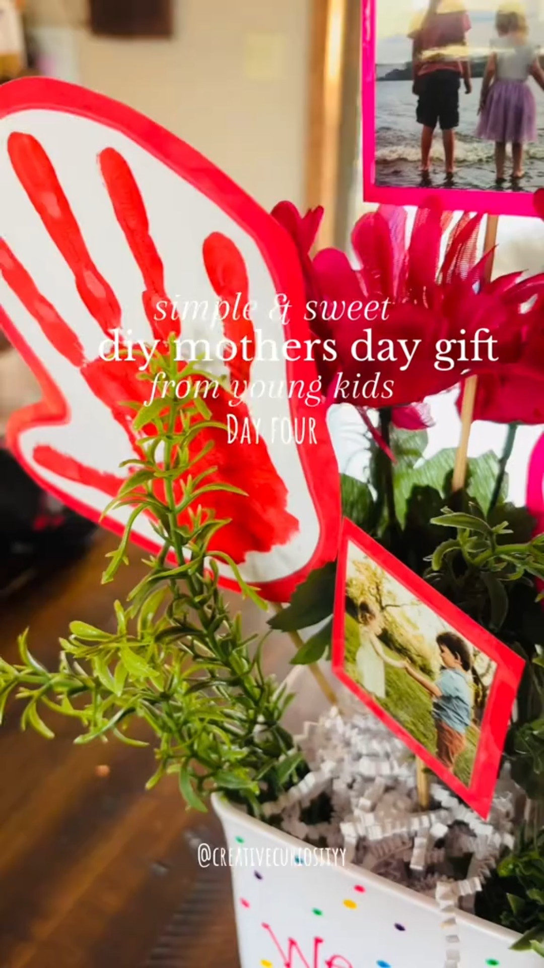 Here’s how to make them:
1️⃣ Head to the store and grab a vase, foam block for inside, bamboo skewers, and fake flowers
2️⃣ Paint your kids hands and let dry 
(I recommend either doing this on cardstock or laminating once dry)
3️⃣ Decorate the vase! We used acrylic paint markers - you can use anything you want; regular paint, sharpies, stickers, etc.
4️⃣ Print pictures. I made 4x4 collages with 4 pictures in each making the pictures 2x2 inches in size 
5️⃣ Mount everything on paper (optional but adds more color), laminate (also optional), and tape skewers on the back
6️⃣ Add foam block inside vase and start assembling! 

🥹🩷 That’s it! I hope you love this idea and be sure to check out the last three days of DIY ideas and come back tomorrow for another one 

Follow @creativecuriosityy for more simple ways to play and create!

#mothersday #mothersdaydiy #mothersdaygift #mothersdaygiftideas #mom #giftformom #giftfromkids #giftforgrandma #grandma #grandmagift #dollartree #dollartreediy #affordable #toddler #giftfromtoddler 


#LTKGiftGuide #LTKFamily #LTKKids