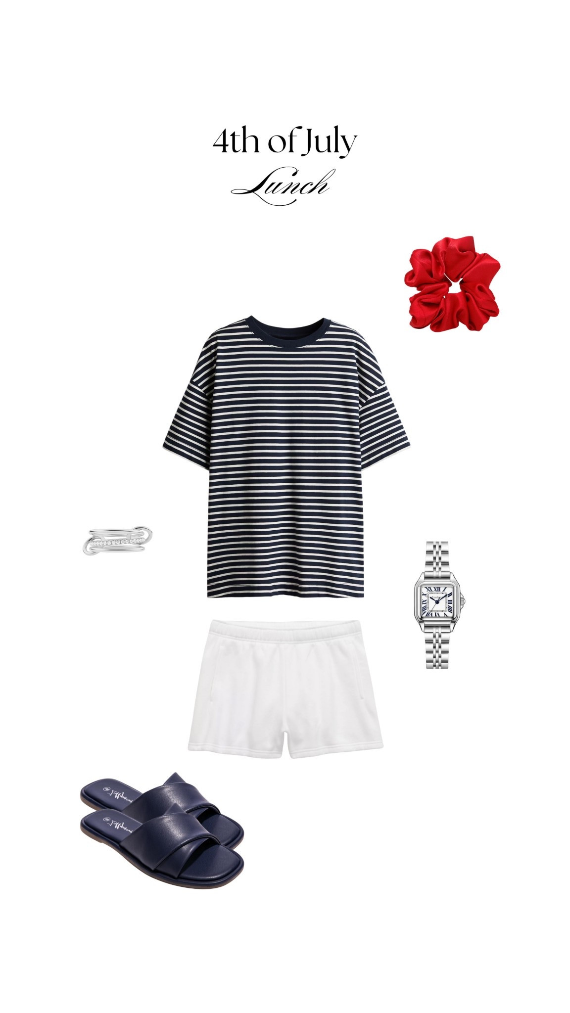 4th of July outfit inspo- lunch fit

Giving coastal casual with this navy striped t-shirt + comfy white drawstring shorts combo. Tied it together with navy sandals and a red satin scrunchie for a subtle patriotic vibe.

Linked the exact oversized tee, Cartier dupe watch, and everyday silver jewelry staples.

4th of July casual outfit, coastal granddaughter style, striped tee outfit, summer outfit idea, white shorts look, easy summer outfit, minimalist fashion

#LTKSeasonal #LTKFindsUnder100 #LTKStyleTip
