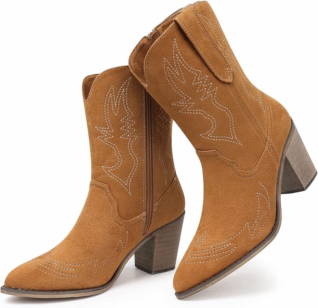 SHIBEVER Cowboy Boots for Women Wide Calf Western Embroidered Cowgirl Boots Pull on Pointed Toe Heel | Amazon (US)