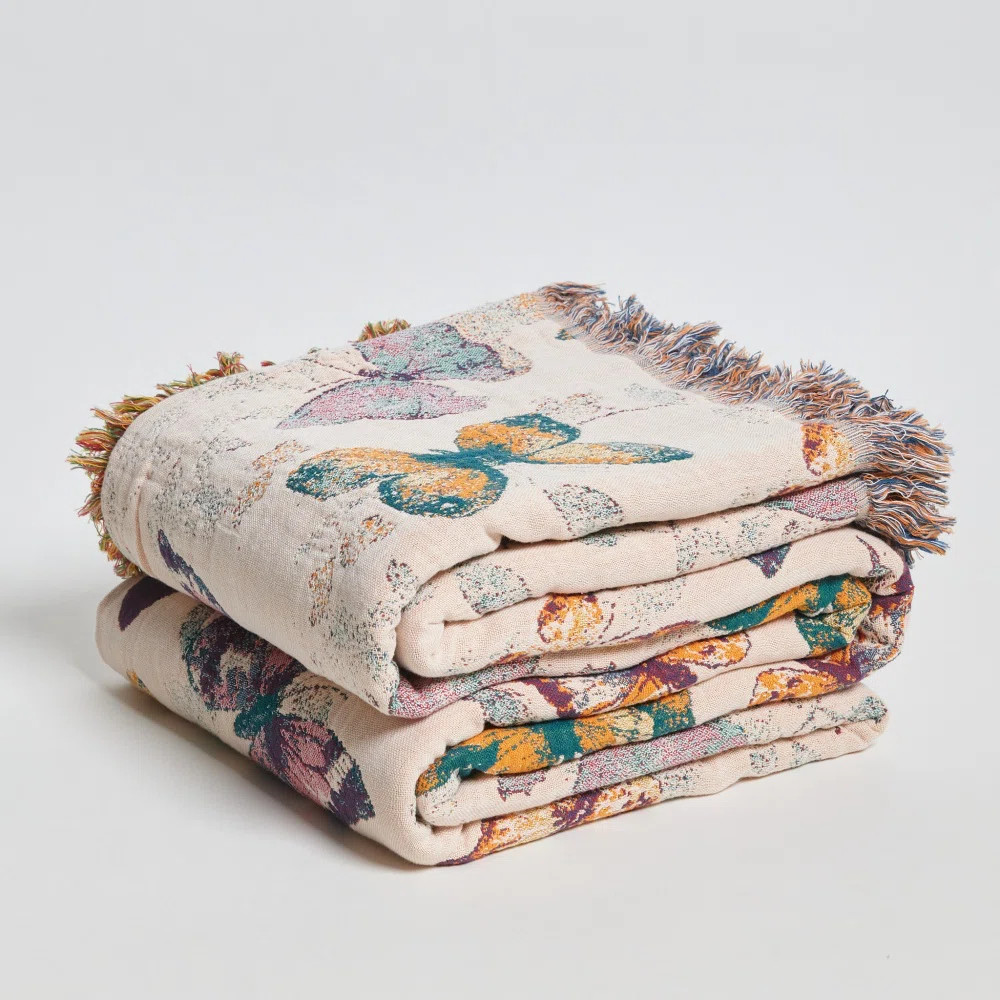 Butterfly Jacquard Weave Cotton Throw Blanket With Fringes | Wayfair North America