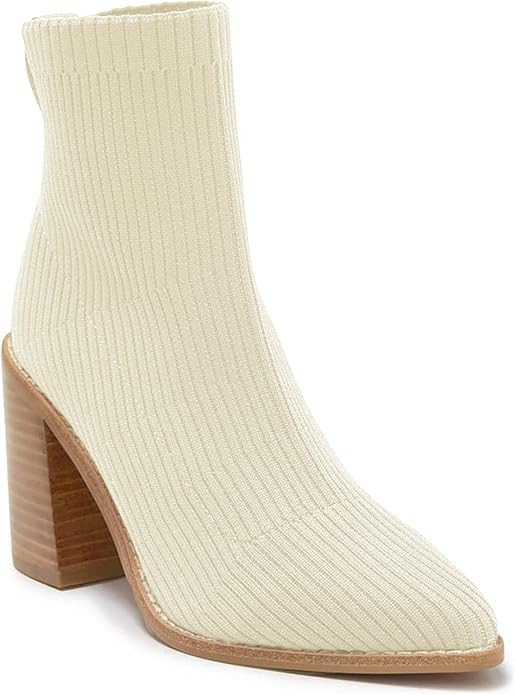 Coutgo Women's Sock Ankle Boots Pointed Toe Chunky High Stacked Heel Pull On Ribbed Knit Chelsea ... | Amazon (US)