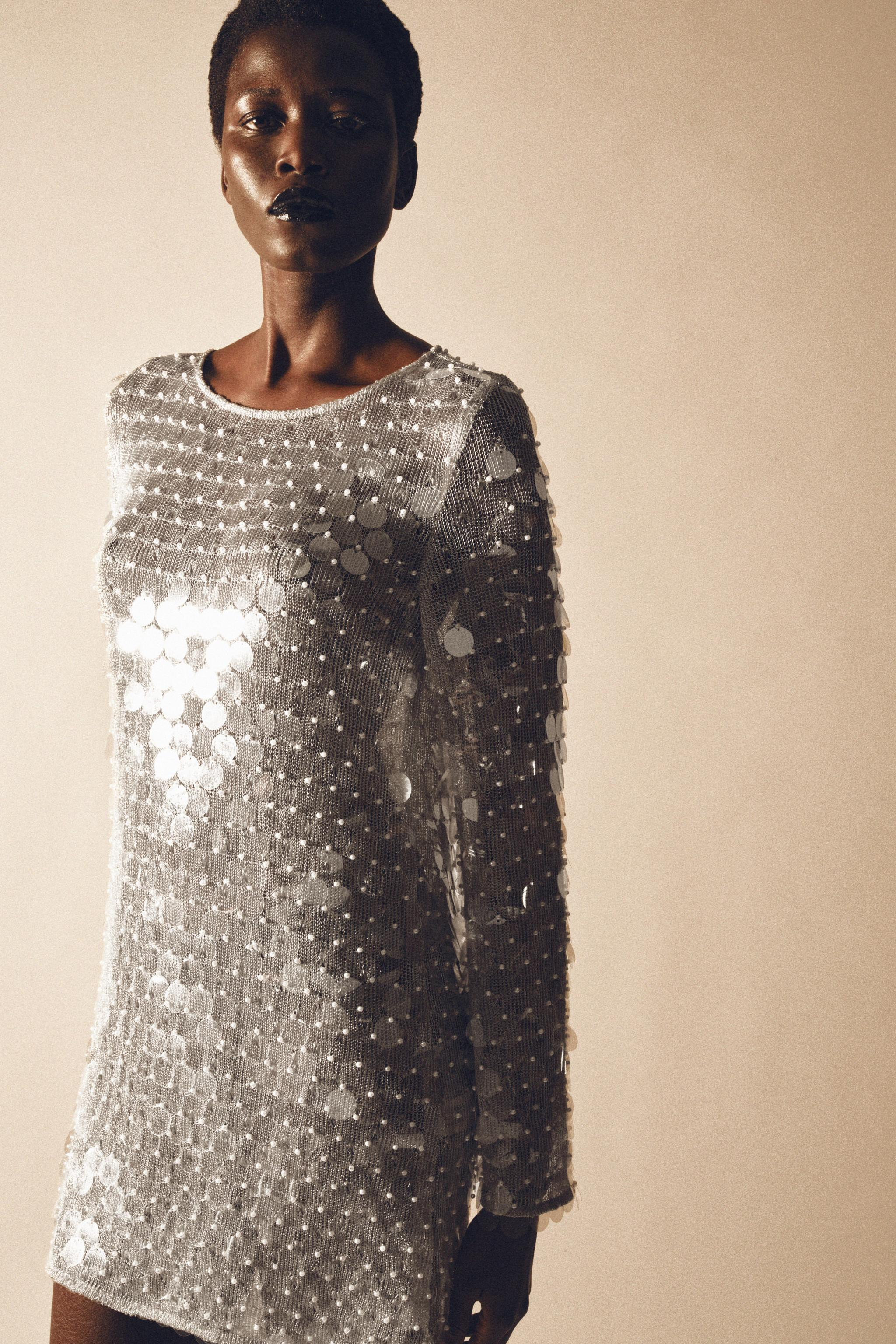 SHORT KNIT SEQUIN AND FAUX PEARL DRESS | Zara UK