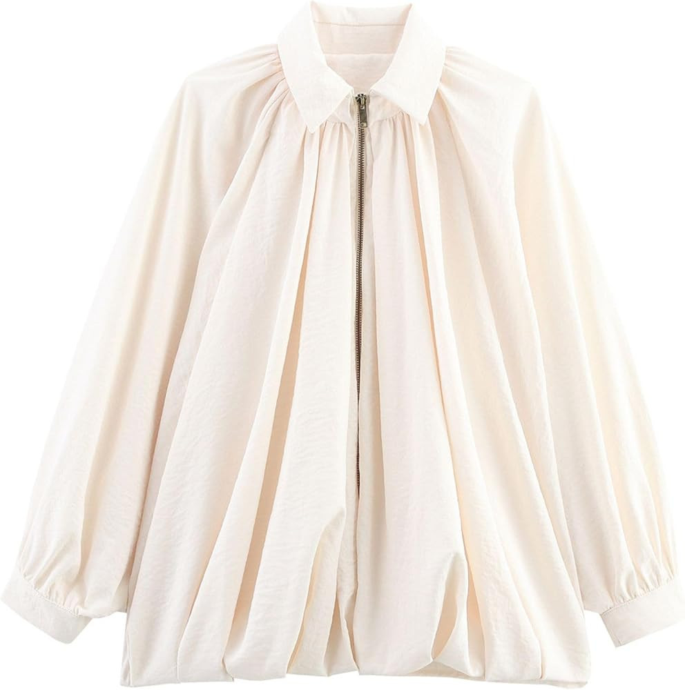 FindThy Women\u2019s Puffed Bomber Jacket Trendy Lapel Collar Long Batwing Sleeve Front Zip Overs... | Amazon (US)