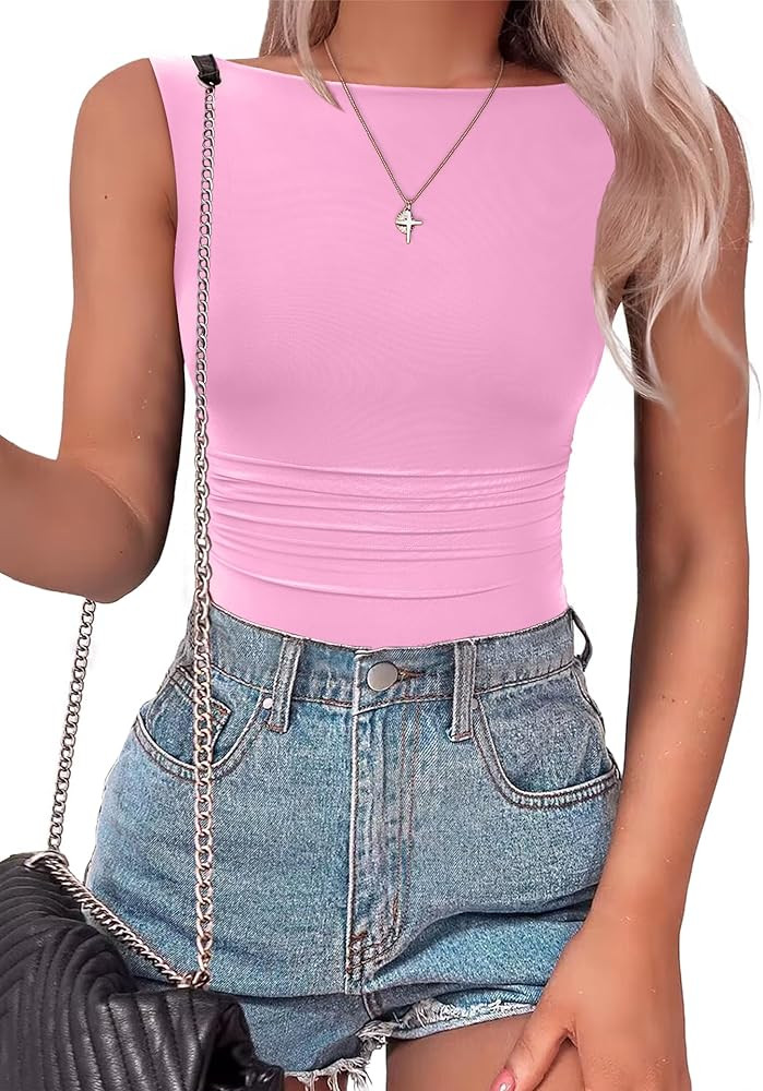 SAUNGKUAI Women's Sleeveless Shirts Mesh Ruched Bodysuit Double Lined Boat Neck Body Suits Going ... | Amazon (US)