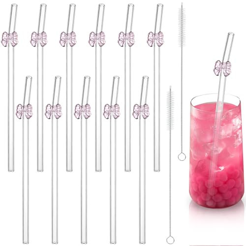 12 Pieces Reusable Glass Straws with Pink Bow Shatter Resistant Cute Bend Drinking Straws with 2 Cleaning Brushes for Cold Hot Beverages Teas Bar Drinkware | Amazon (US)