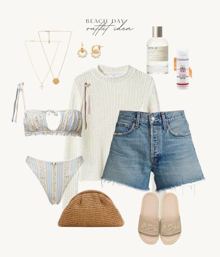 Beach day outfit inspo. We Wore What bikini + a sweater, what could be comfier? Obsessed w this look. 

beach l vacation l resort l denim shorts l sweater l purse l slides l summer outfit l beach outfit 
