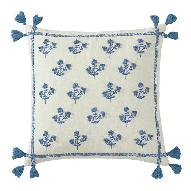 Better Homes & Gardens, Blue Block Print Floral Throw Pillow, Square, 20"x20", Blue, 1 Piece - Wa... | Walmart (US)