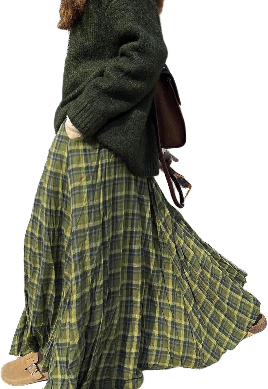 Women's Plaid Skirt Retro Loose Slimming Long Skirt Big Swing Half Skirt Plaid Skirt | Amazon (US)