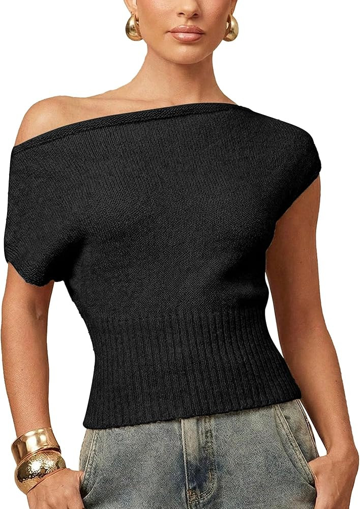 Hixiaohe Off The Shoulder Tops for Women Casual Ribbed Knitted Cap Sleeve Slim Fit Shirts Sexy Asymmetrical Pullover Blouses | Amazon (US)