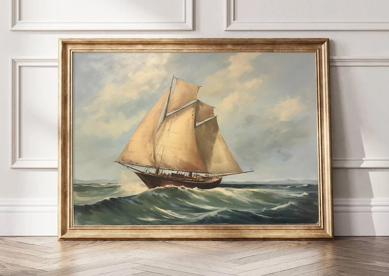 Vintage Sailboat Art Print - Nautical Wall Decor, Ocean Sailing Painting, Maritime Seascape, Coas... | Etsy (US)