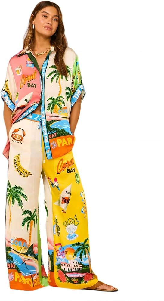 Women Summer Print Two Piece Pajama Set Short Sleeve V Neck Button Down Top Drawstring Long Pant ... | Amazon (US)