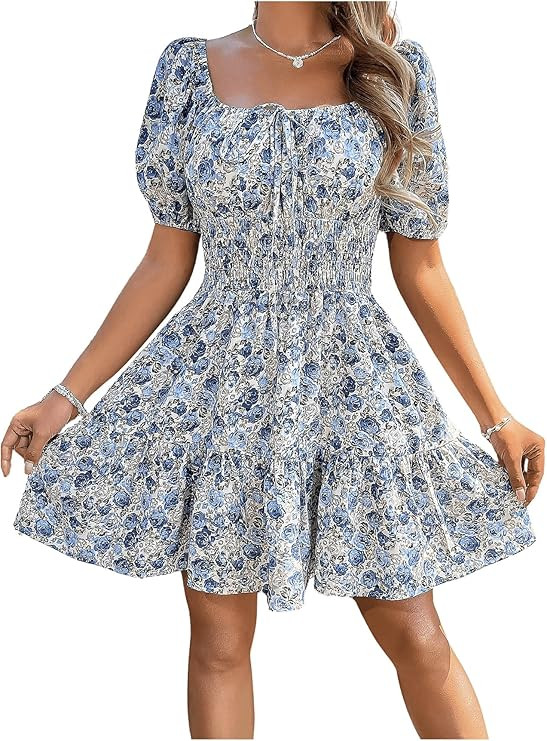 Floerns Women's Boho Square Neck Puff Short Sleeve Self Tie Front A Line Dress | Amazon (US)