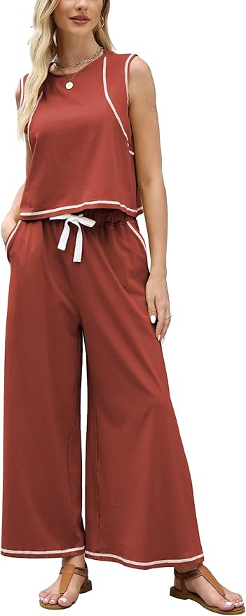 Women’s 2 Piece Lounge Set Sleeveless Tank Top & Wide Leg Pants Contrast Trim Relaxed Casual Ma... | Amazon (US)