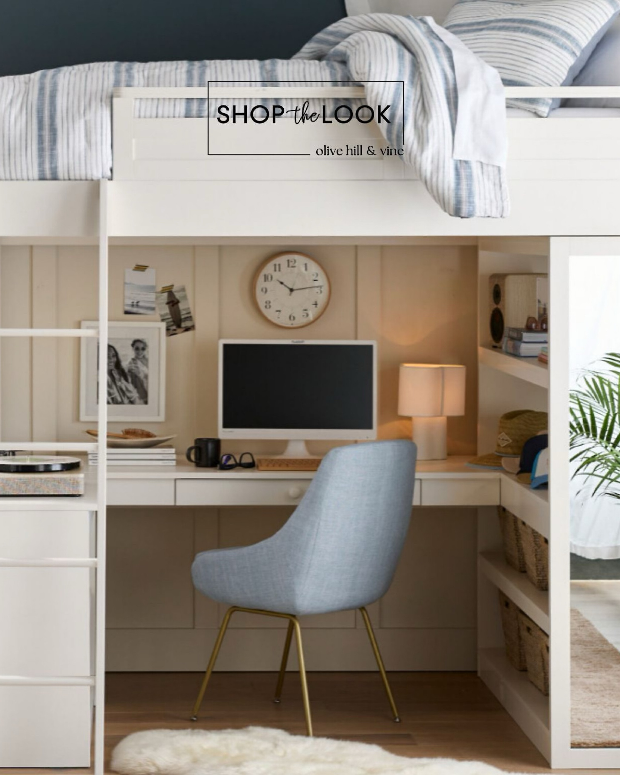 A stylish space for young minds to dream and achieve. Featuring a loft bed with a desk, shelving, and mirror, accented with a sheepskin rug, pale blue chair, striped quilt, woven light, and chunky knit pillow. Practical, neutral, and effortlessly chic. 

#LTKFamily #LTKHome #LTKKids