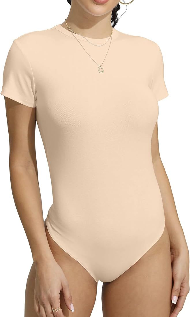 UNTYHOTS Women Long Sleeve Short Sleeve Bodysuit Round Neck Basic Ribbed T Shirts | Amazon (US)