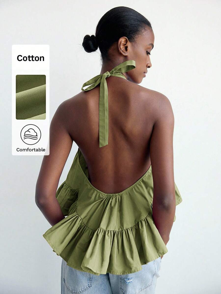 Maija Green Neck Tie Backless Ruffle Hem Loose Blouse, Urban Style For Women In Autumn Yisikado D... | SHEIN