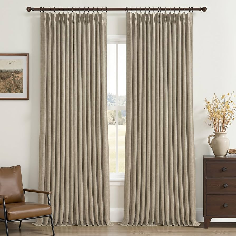 Greyish Beige Double Layer Linen Blackout Curtains 96 Inches Long for Bedroom, Memory Trained Pin... | Amazon (US)