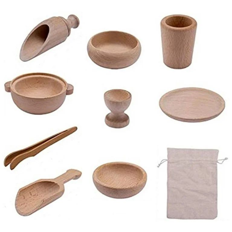 9Pcs Kitchen Cookware Wood Pot Dish Utensils Wooden Scoops and Tongs for Preschool Pretend Play S... | Walmart (US)