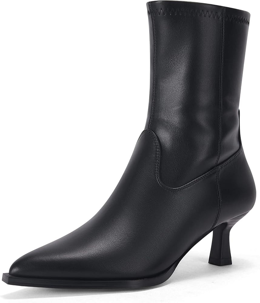 Coutgo Womens Pointed Toe Ankle Boots Stacked Kitten Low Heel Side Zipper Fall Booties Shoes | Amazon (US)
