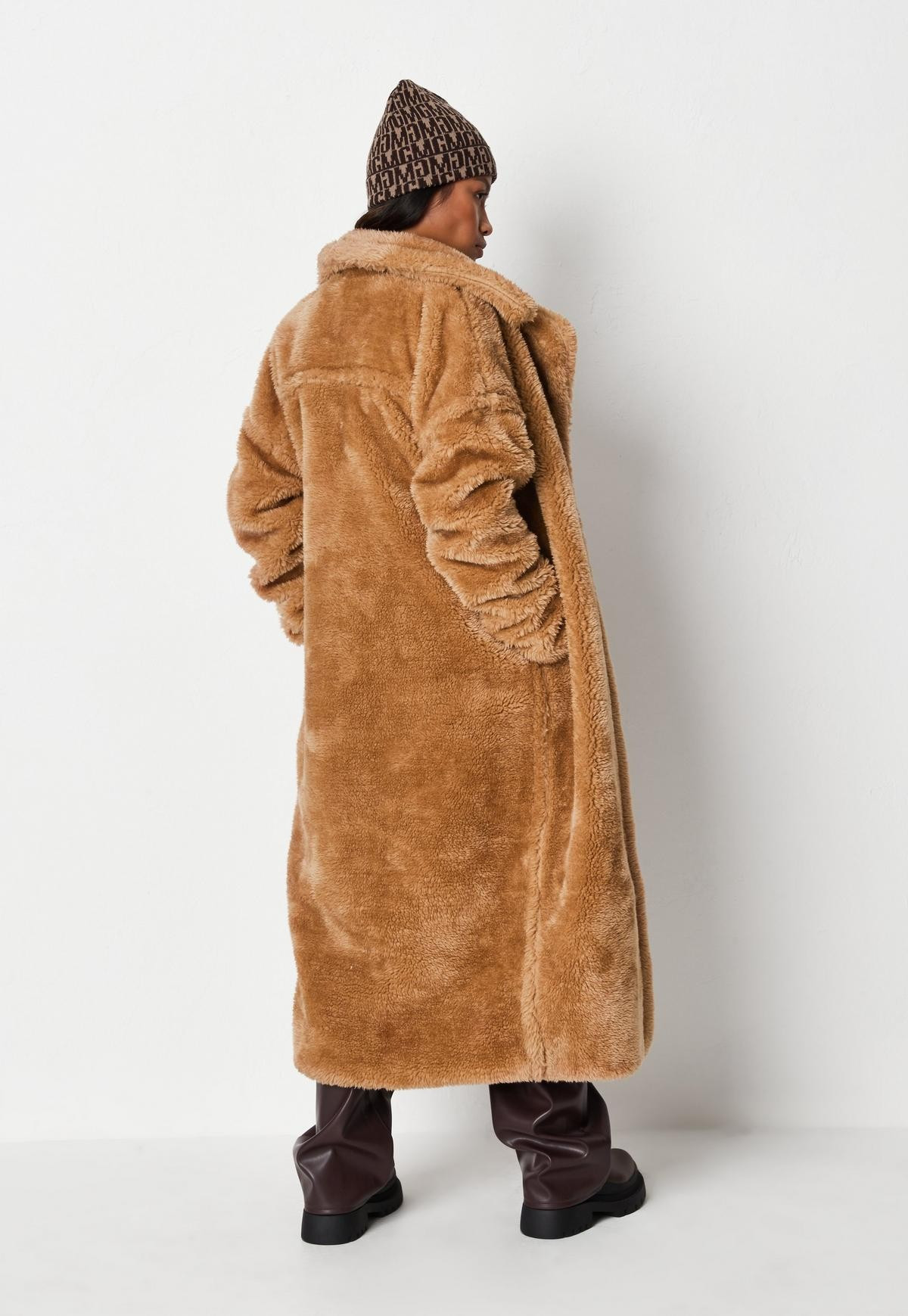Missguided - Tan Borg Teddy Seam Detail Longline Coat | Missguided (US & CA)