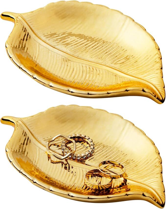 2 Pack Gold Leaf Shaped Trinket Tray, Small Ceramic Jewelry Dish (5.3 x 3.6 x 0.8 In) | Amazon (US)