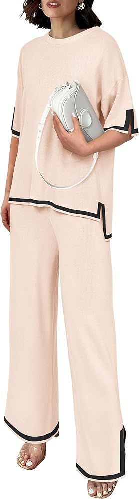 PRETTYGARDEN Women's Summer 2 Piece Outfits Casual Short Sleeve Knit Sweater Tops Wide Leg Pants ... | Amazon (US)