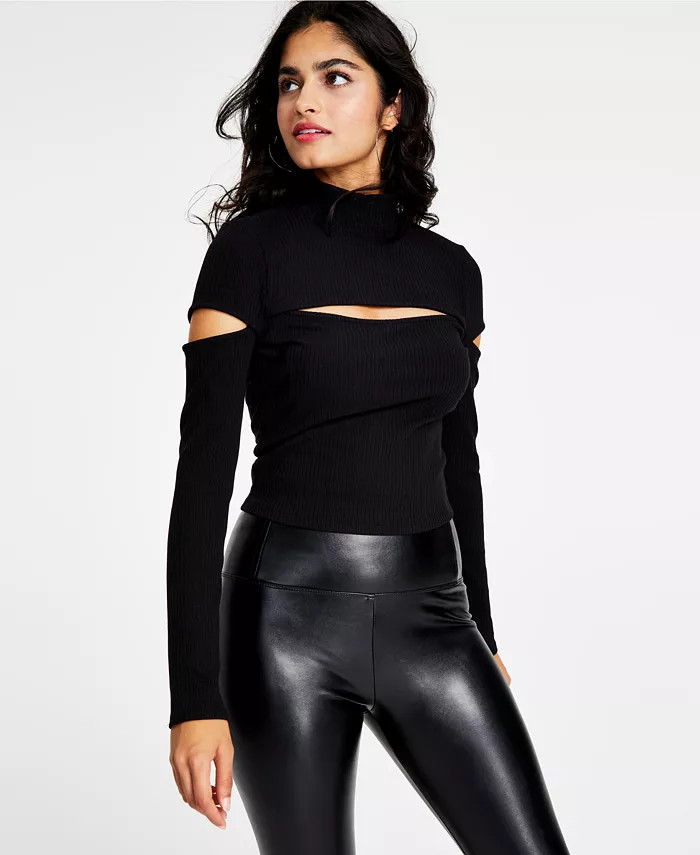 Bar III Women's Ribbed Mock-Neck Long-Sleeve Cutout Top, Created for Macy's & Reviews - Tops - Wo... | Macys (US)