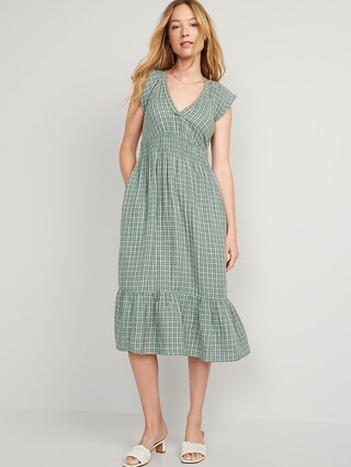 Waist-Defined Flutter-Sleeve Plaid Midi Dress for Women | Old Navy (US)