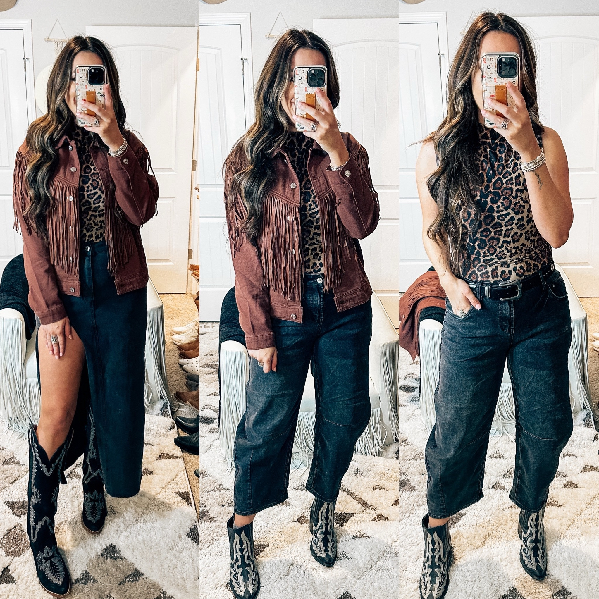 Three ways to style black barrel jeans with a trendy, leopard mesh, bodysuit and fringe brown jacket could wear this in the fall or winter wearing a six in the jeans. A small in the jacket and a medium in the bodysuit 

#LTKSeasonal #LTKWorkwear #LTKStyleTip