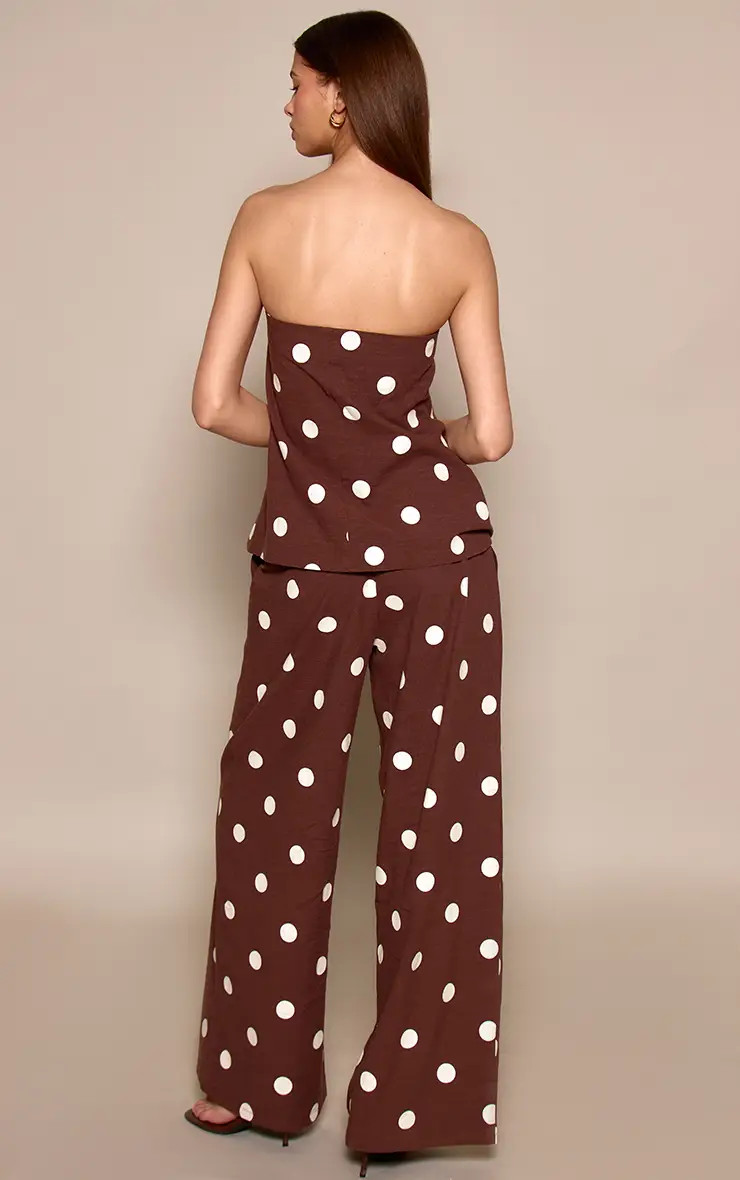 Dark Brown Polka Dot Cotton Tailored Trouser | PrettyLittleThing US