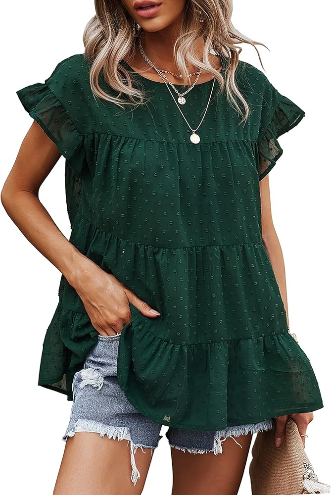 KIRUNDO Women's 2024 Summer Tops Ruffle Neck Cap Sleeve Floral Print Loose Babydoll Tank Shirts T... | Amazon (US)