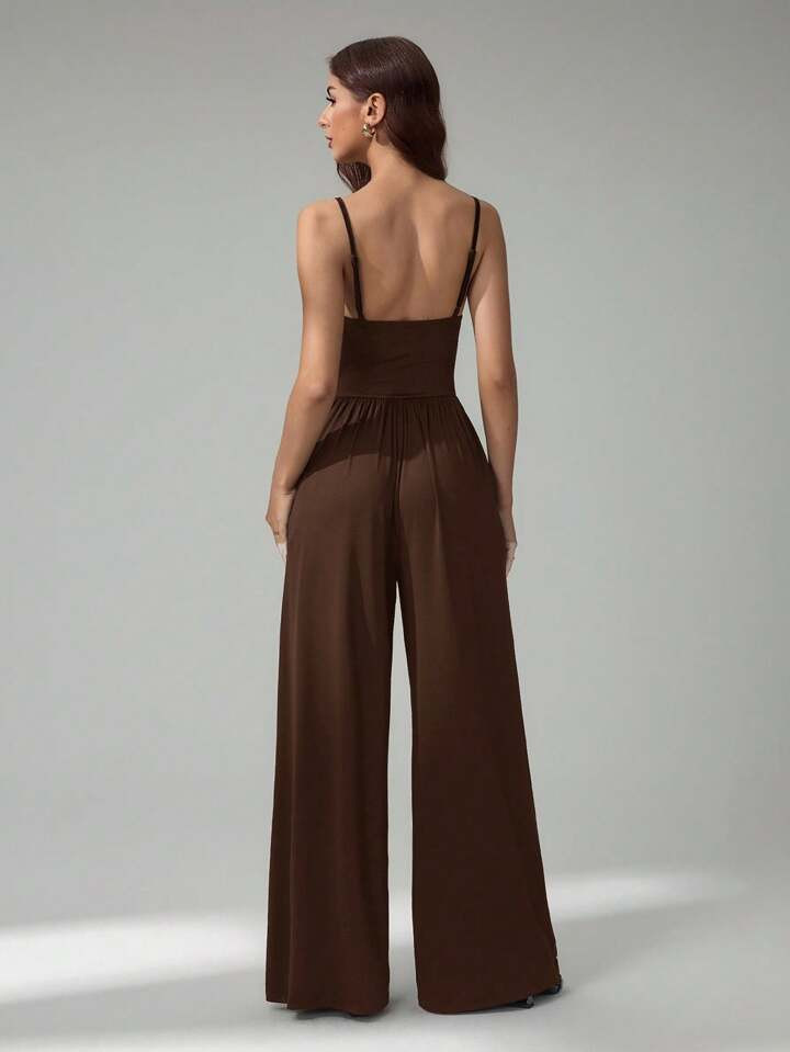 SHEIN Tall Women's Solid Color Pleated Pocket Wide Leg Loose Strap Jumpsuit | SHEIN