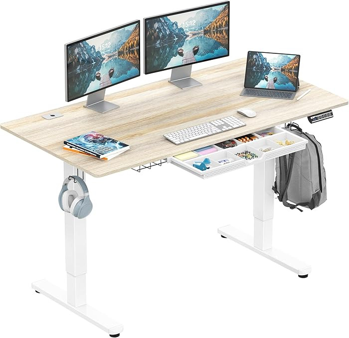 SHW 55 x 28 Inches Electric Height Adjustable Standing Desk with Drawer and Memory Preset, Maple | Amazon (US)