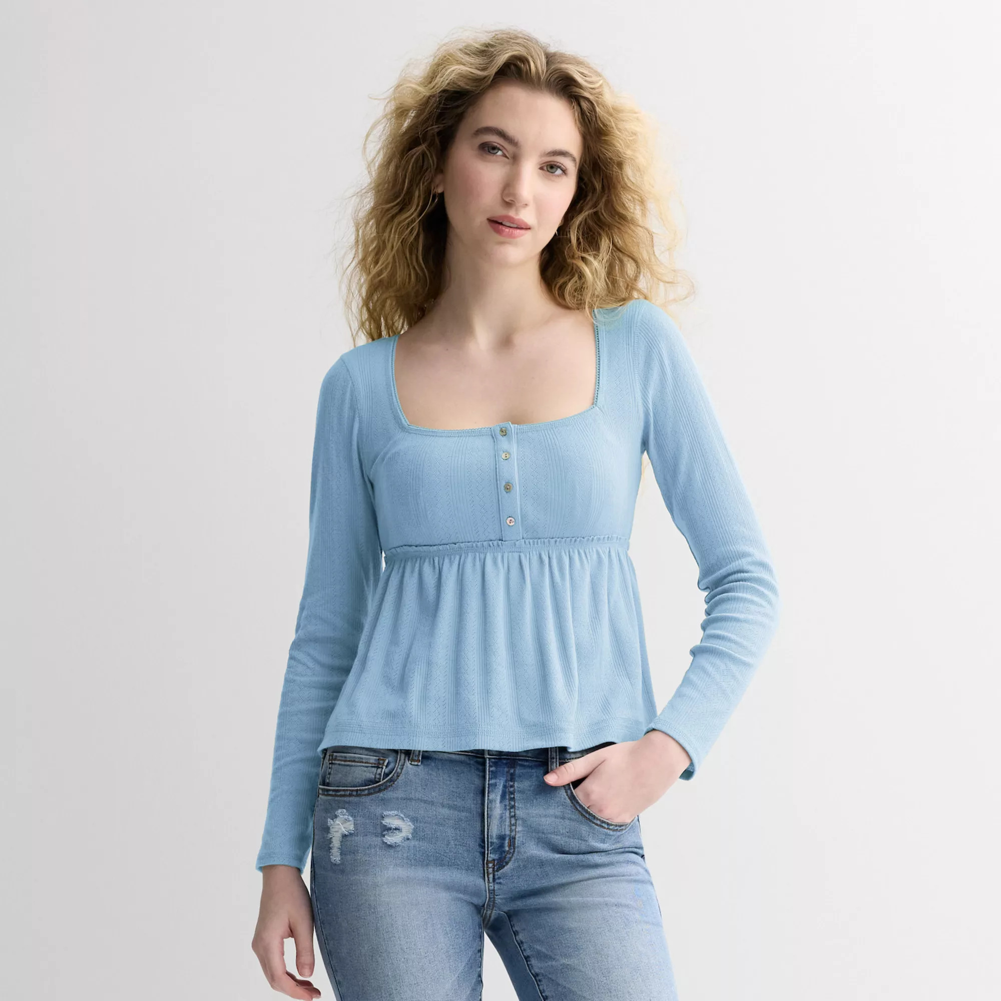 Juniors' Rewind Long Sleeve Pointelle Square Neck Babydoll Top | Kohl's