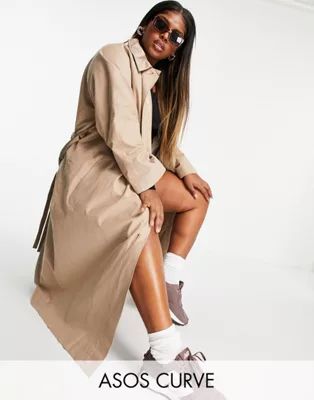 ASOS DESIGN Curve sateen detail boyfriend trench coat in mocha | ASOS (Global)