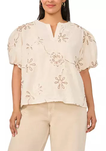 Plus Size Puff Sleeve Embroidered Shirt | Belk