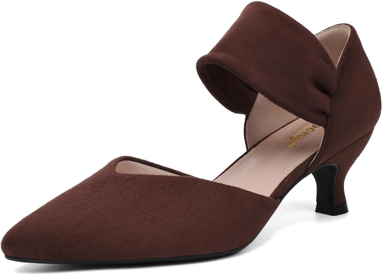 RIBONGZ Kitten Heels for Women Closed Toe Comfortable Low Heels Pointed Toe Sexy Slip on Pumps Br... | Amazon (US)