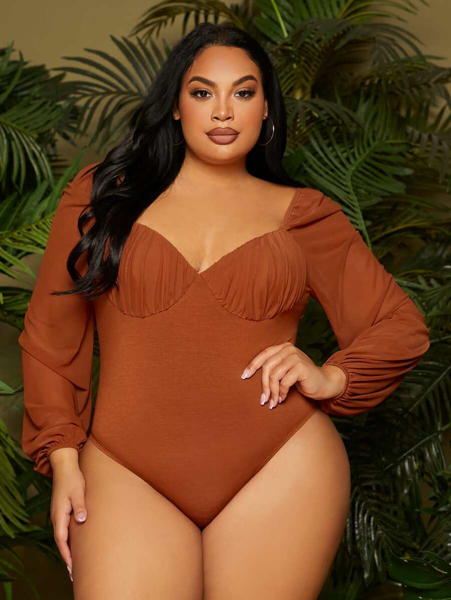 SHEIN SXY Plus Sweetheart Neck Ruched Bust Lantern Sleeve Bodysuit | SHEIN